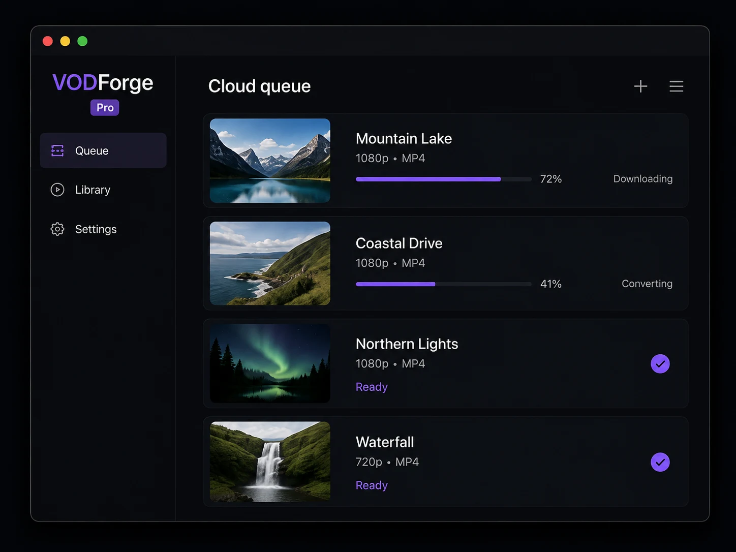 Concept of a VODForge Pro cloud queue with downloads, conversion progress, and finished files