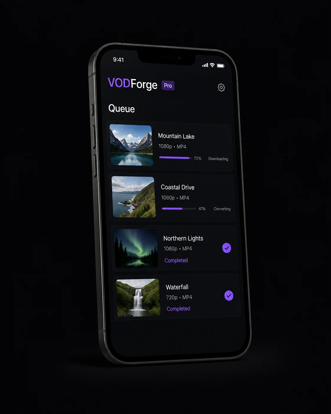 Concept of a VODForge Pro mobile app with a download queue and ready files