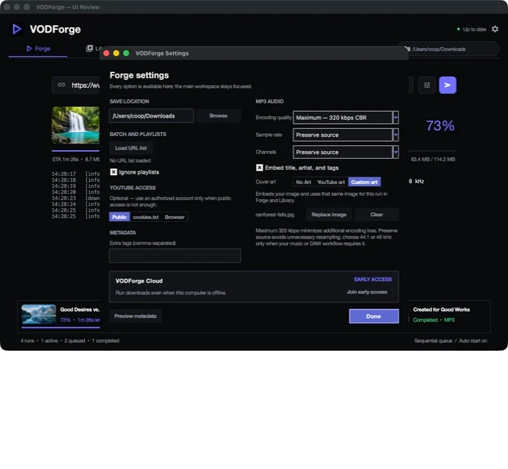 VODForge Settings with the VODForge Cloud early-access surface