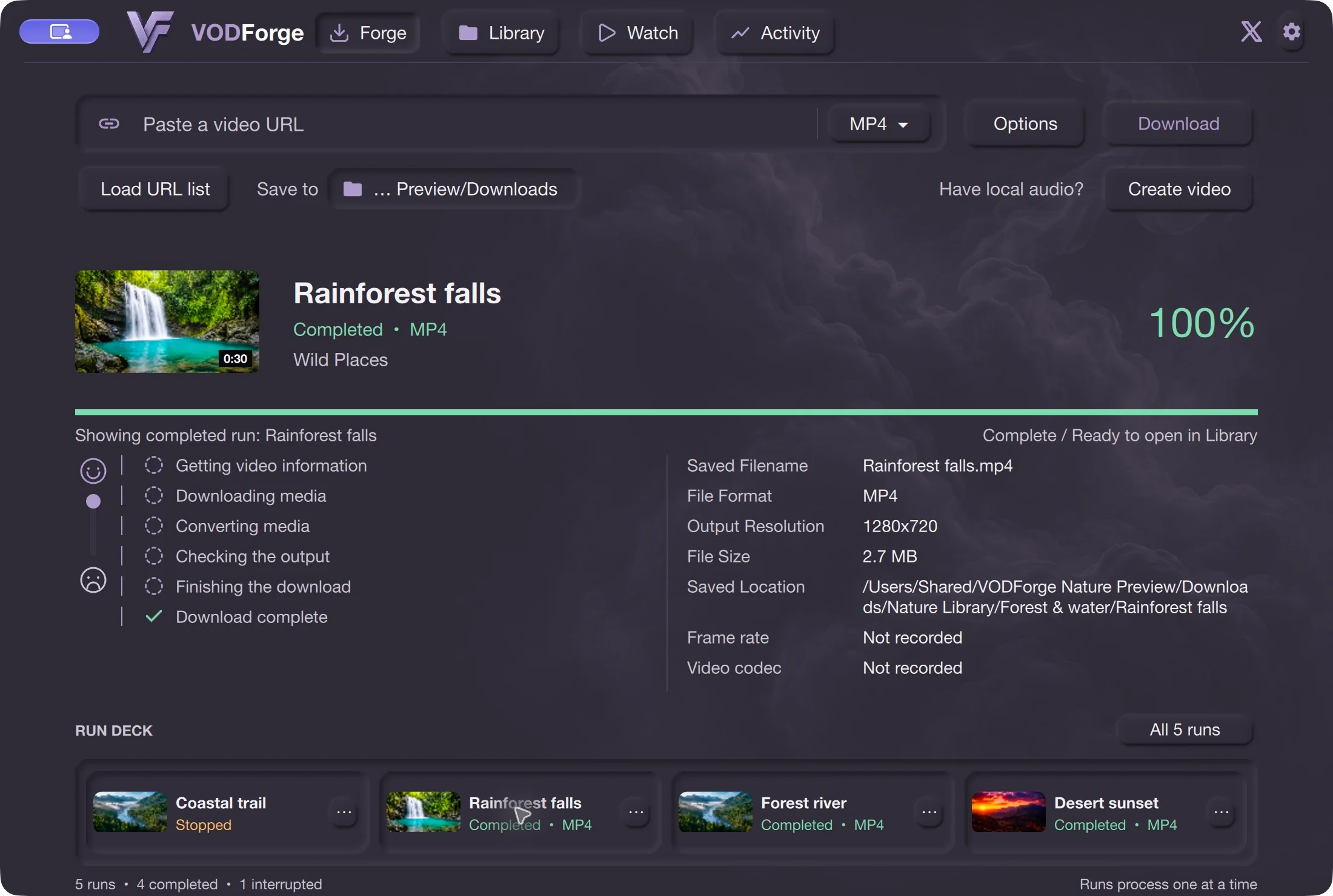 Actual Forge screen with completed MP4 output, activity stages, and several sample runs in the Run Deck