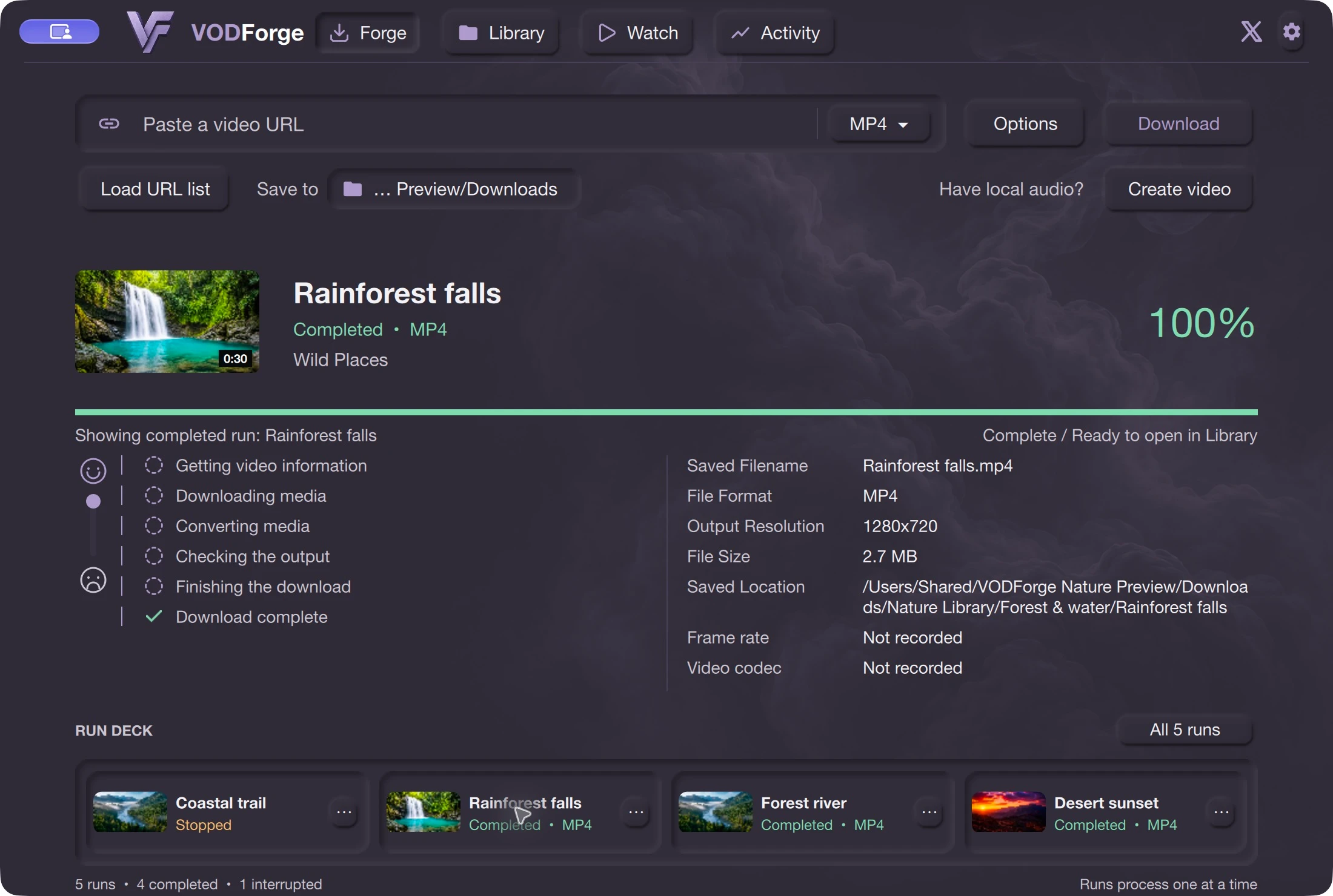 Actual VODForge Forge screen with a nature export, full activity steps, output details, and Run Deck