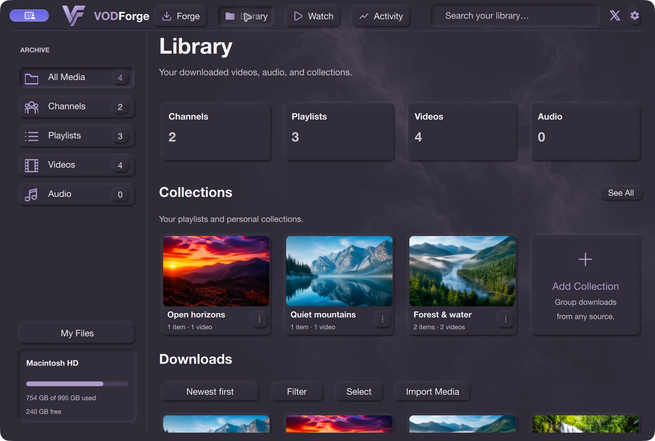 Actual Library with Channels and Playlists navigation and fictional nature collections