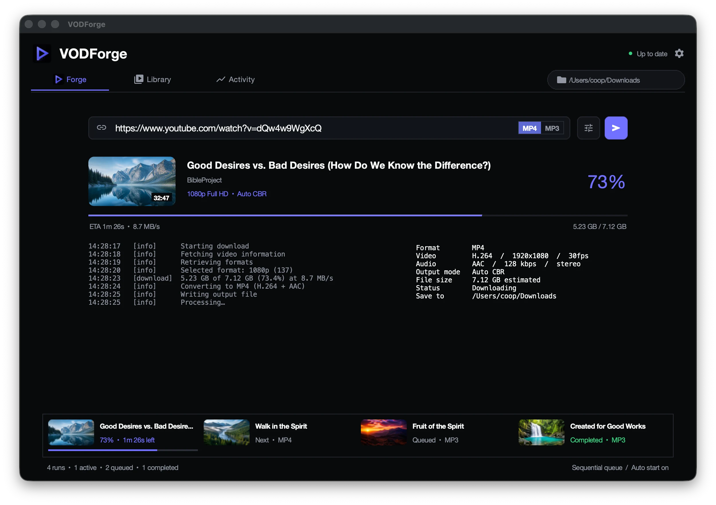 VODForge Forge screen downloading an MP4 with a scenic thumbnail, progress, logs, output details, and a four-item queue