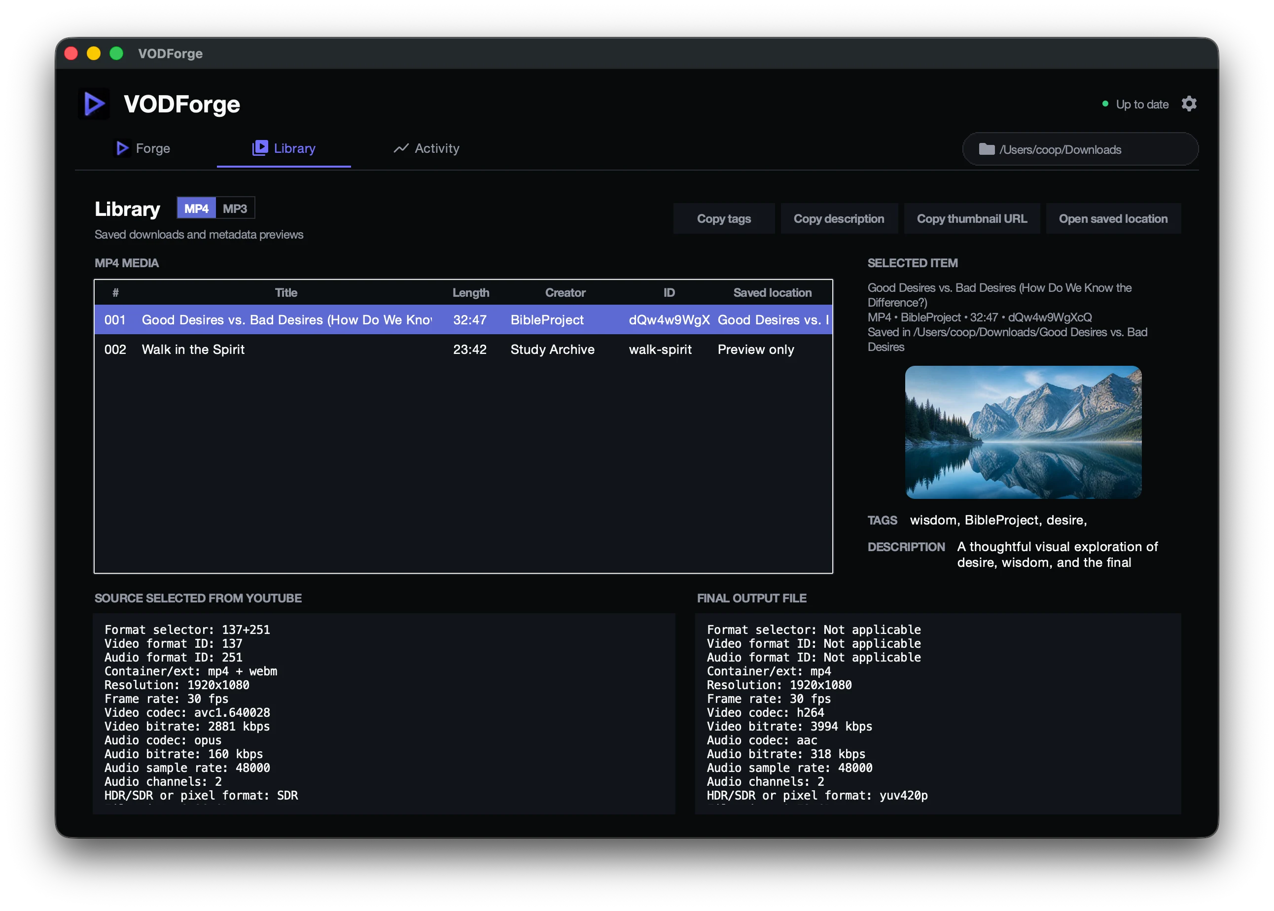 VODForge Library comparing a YouTube source with the validated final MP4 output and its full encoding details