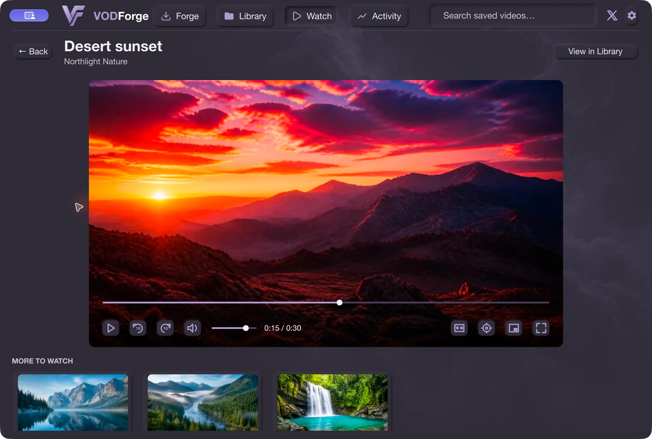 Actual macOS VODForge local video player with playback controls and fictional nature media