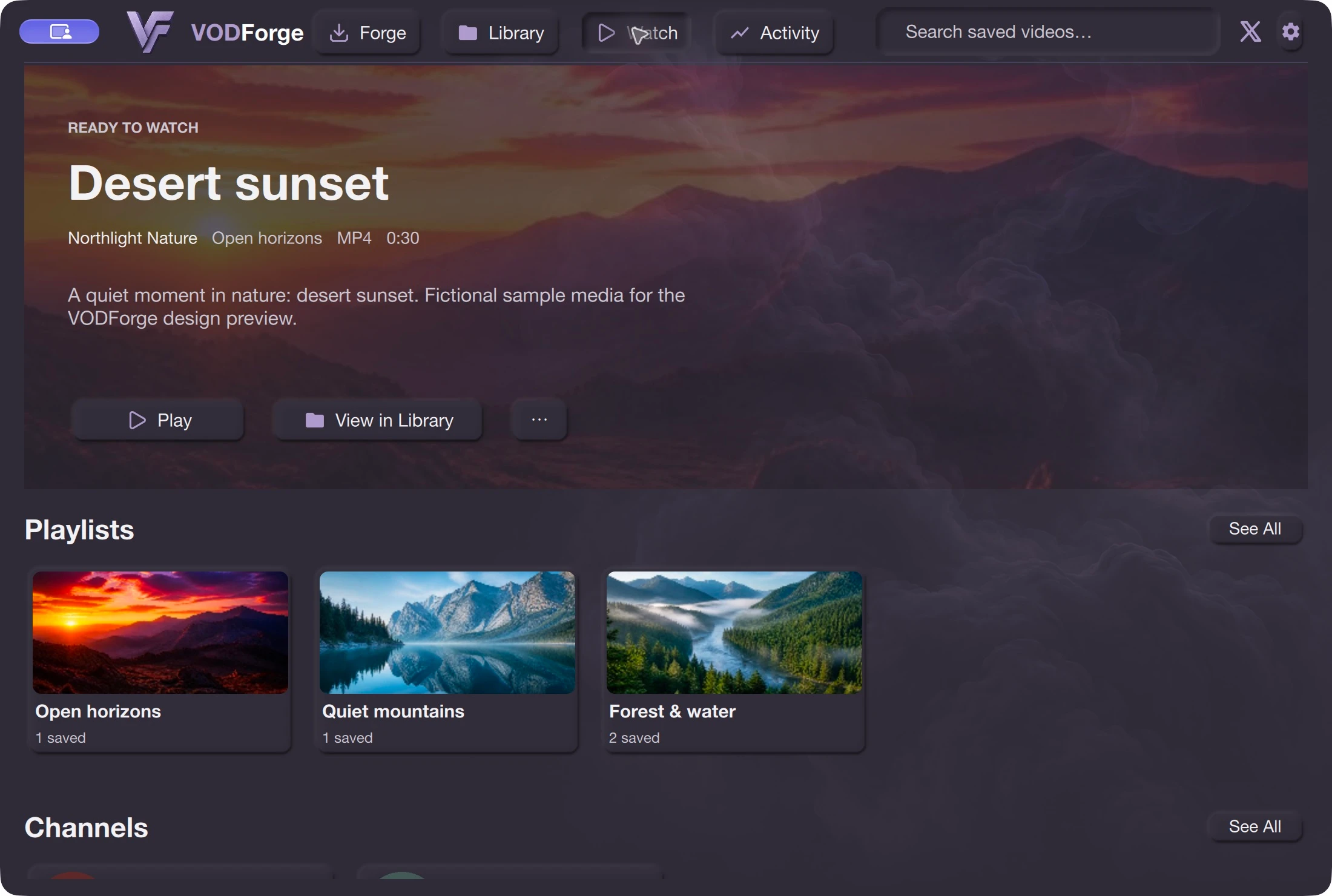 The actual VODForge Watch screen, previewing the new design with fictional nature media