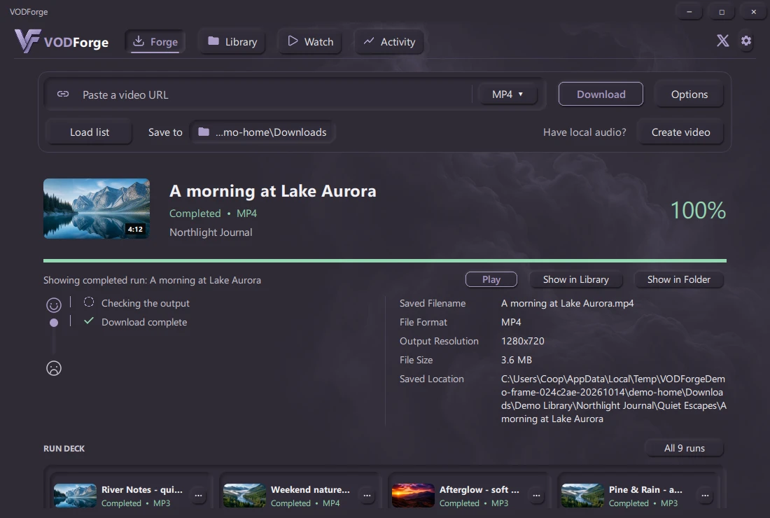 Actual VODForge Forge screen with a nature export, full activity steps, output details, and Run Deck