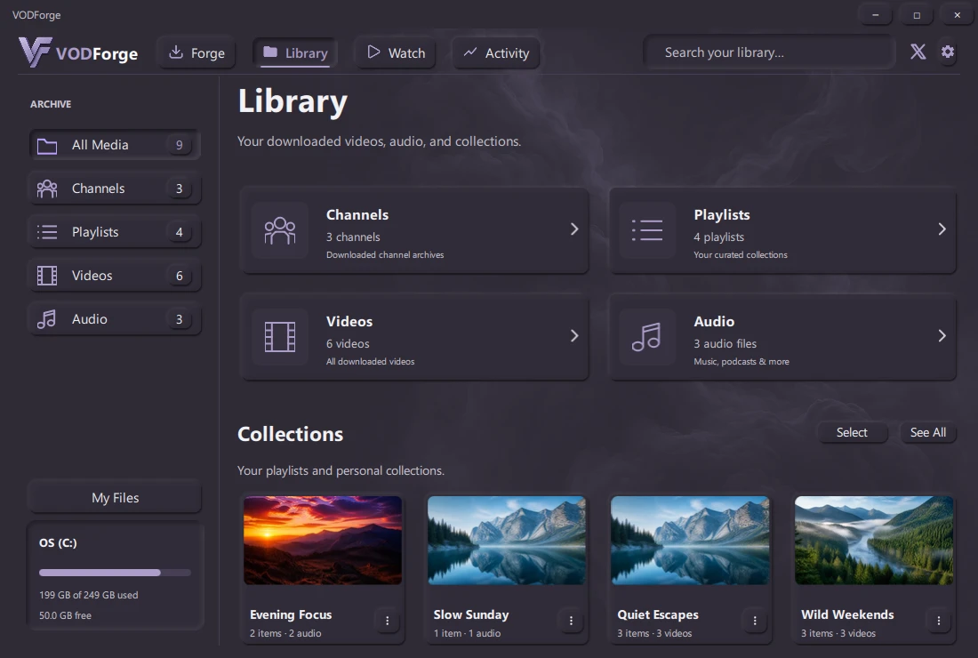 Actual VODForge Library showing fictional nature playlists and channels